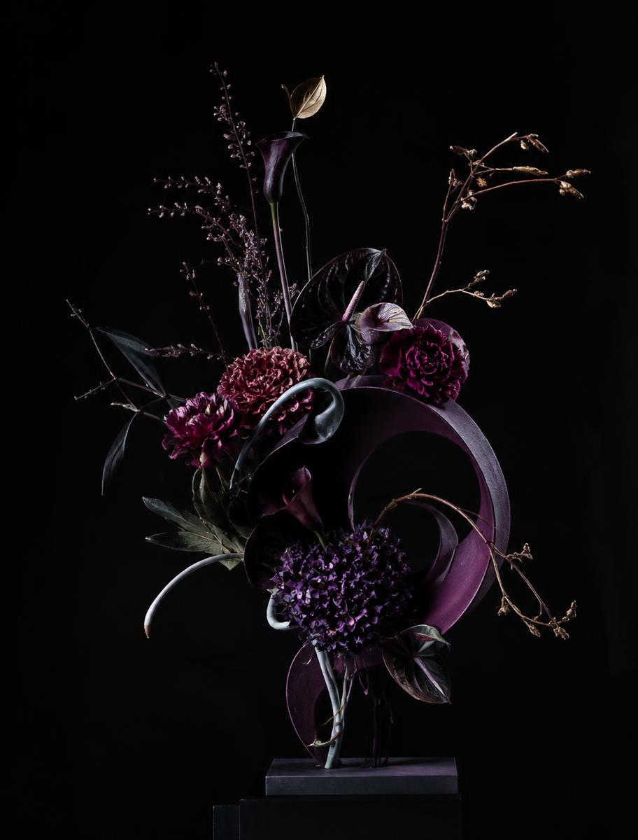 The Avant-Garde Bloom — Plum calla, purple hydrangea, dark anthurium, sculpted forms
