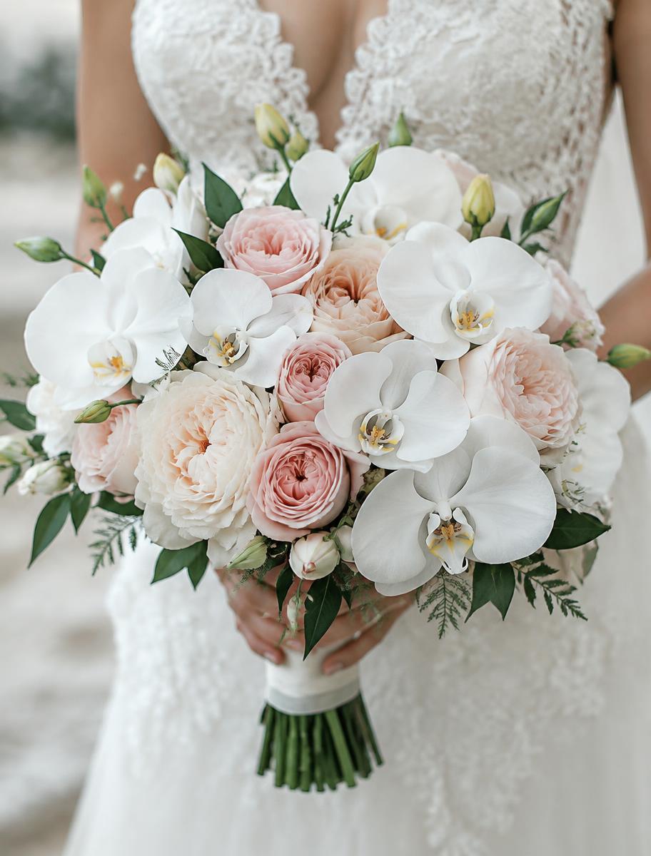 The Bridal Edit — Phalaenopsis orchid, blush garden rose, lisianthus