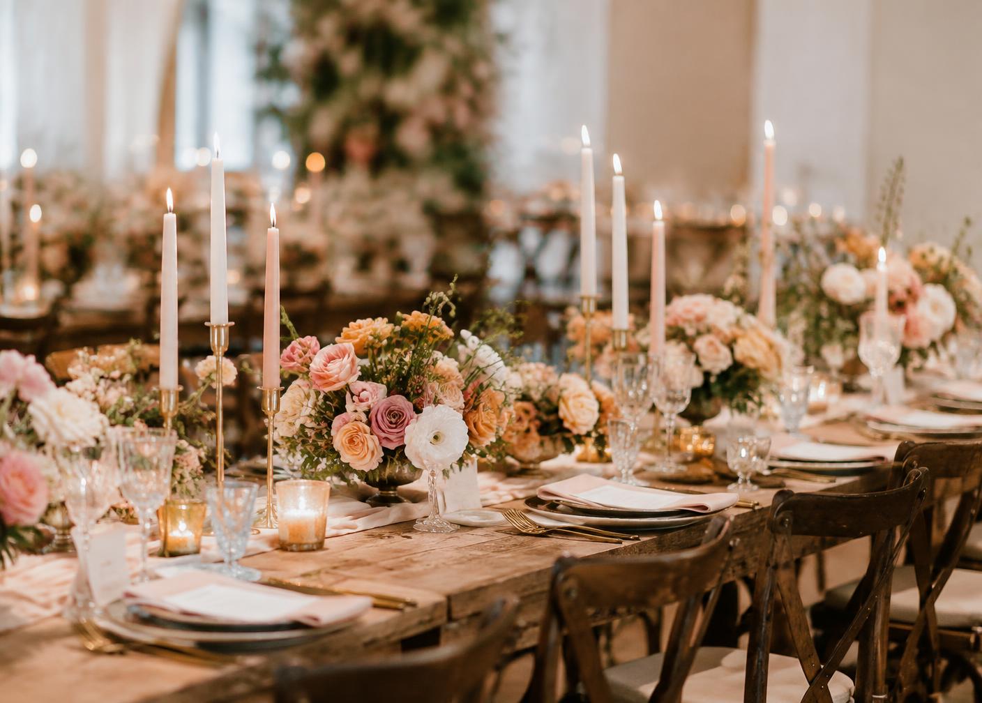 The Forever Table — Peach roses, pink lisianthus, spray roses, taper candles