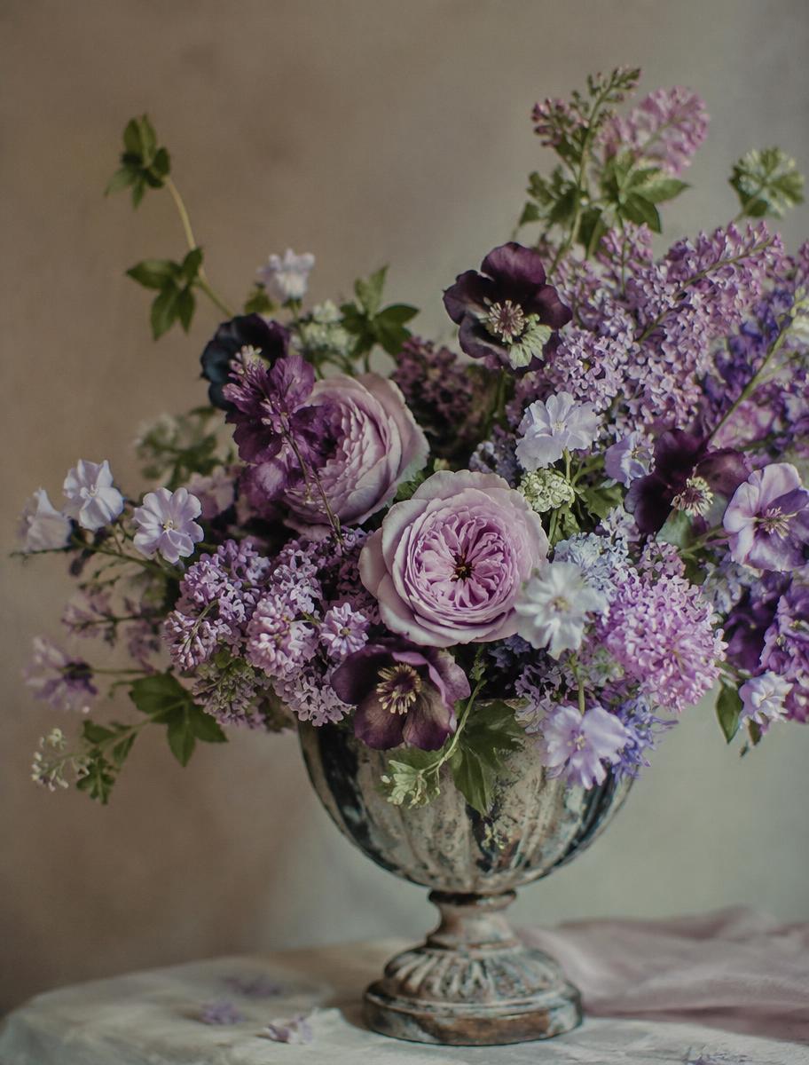 Lavender Dreams — Lilac, lavender roses, hellebore, delphinium