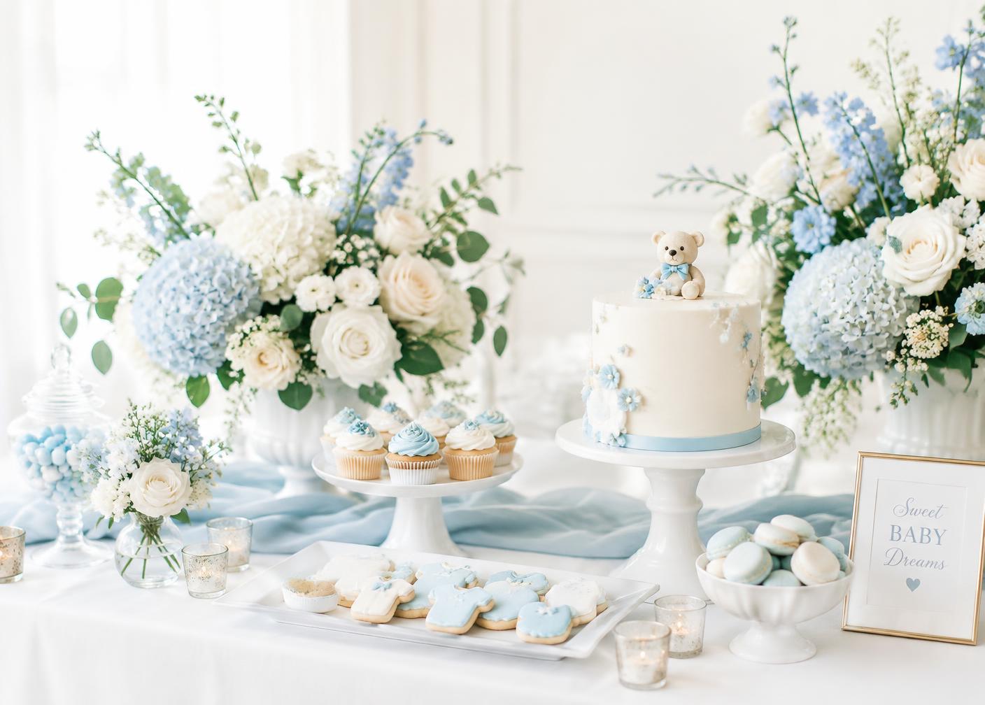 Little Beginnings — Blue delphinium, white hydrangea, cream roses