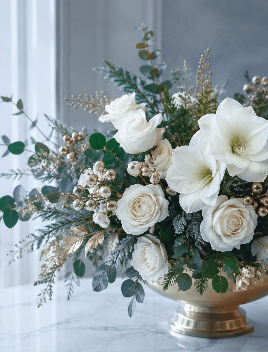 Winter Elegance — Amaryllis, white roses, cedar, gilded berry